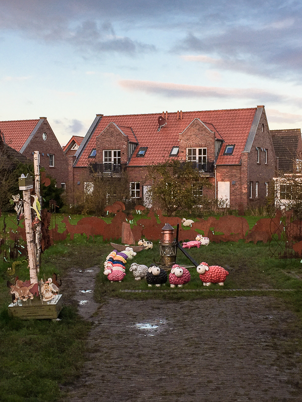 Bringen im Winter ein bisschen Farbe in den Garten. Bunte Schafe zur Dekoration in Greetsiel.